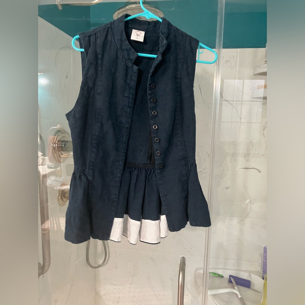 SOLD—-Son De Flor Catherine VEST in Twill Linen XS black and navy blue weave